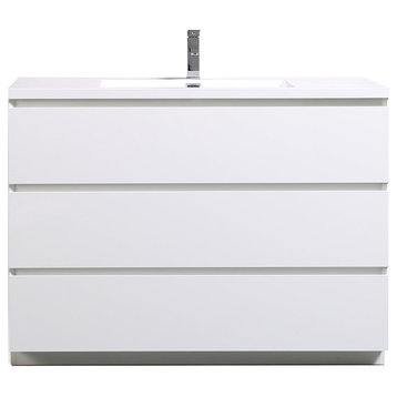 Moa Bathroom Vanity With 3 Drawers and Acrylic Sink, Gloss White, 48"