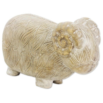 Novica Woolly Sheep Wood Sculpture