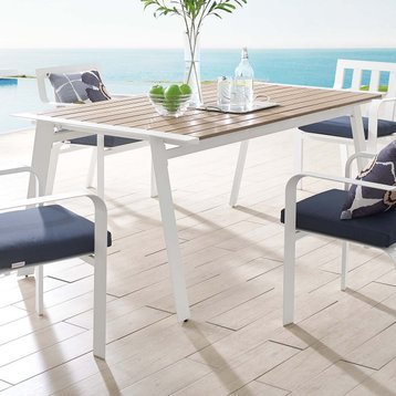 Lounge Dining Table, Rectangular, Aluminum, Metal, White Brown Natural, Outdoor