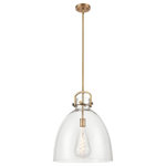 Innovations Lighting - Newton Bell Pendant, Brushed Brass/Clear - The Newton is a modern industrial collection that incorporates Exceptional architectural details and heavy metal design. These fixtures come together with a cone, bell, or sphere shaped shade, in metal or glass. Making this collection perfect for creating a truly exceptional space.