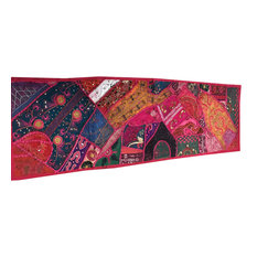 Mogul Interior - Consigned Antique Fabric, Pink Sari Patchwork Embroidered Table Runner - Tapestries