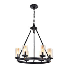 6-Light Antique Black Industrial Wheel Chandelier With Clear Amber Glass Shades