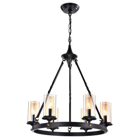 6-Light Antique Black Industrial Wheel Chandelier With Clear Amber Glass Shades