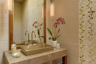 Powder room - small transitional powder room idea in San Francisco with a vessel sink, open cabinets, medium tone wood cabinets, concrete countertops, a two-piece toilet and beige walls