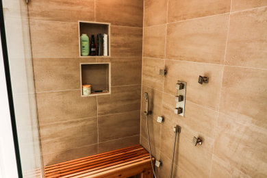 Example of a mid-sized minimalist master gray tile and porcelain tile porcelain tile, gray floor and double-sink bathroom design in Other with furniture-like cabinets, white cabinets, a two-piece toilet, gray walls, an undermount sink, quartz countertops, white countertops and a freestanding vanity