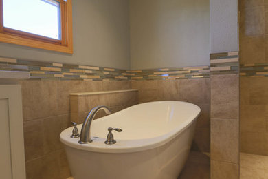 Mid-sized trendy multicolored tile and cement tile alcove shower photo in Denver