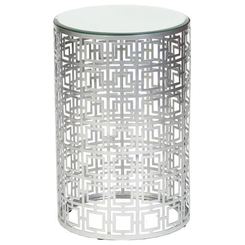 Round Aluminum Accent Table With Pierced Geometric Pattern In Nickel Finish