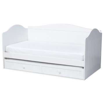 Farmhouse White Finished Wood Twin Size Daybed With Trundle