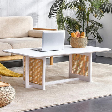 Unique Coffee Table, Trestle Base With Rattan Accents & Rectangular Top, White