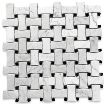 White Carrara Venato Marble Dog Bone Basketweave Mosaic Tile Polished, 1 sheet