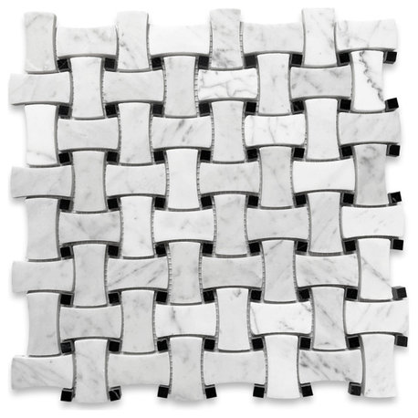 White Carrara Venato Marble Dog Bone Basketweave Mosaic Tile Polished, 1 sheet