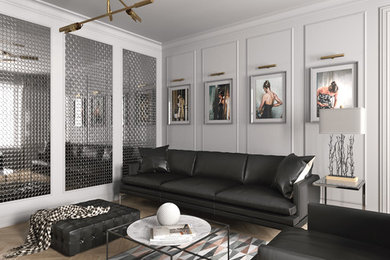 Small danish formal and enclosed light wood floor living room photo in Other with white walls and no tv