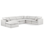 Meridian Furniture - Indulge Upholstered Modular U-Shaped Sectional, Cream, 7-Piece: 3 Armless Chair, 3 Corner Chair, 1 Ottoman, Fiber Stuffed Vegan Leather - Experience ultimate comfort and style with our cream vegan leather Indulge Sectional. The luxurious vegan leather will elevate the aesthetic of any room. This sofa provides ample space for you to relax while its modular build offers the option of unlimited configurations. Whether you're looking to add a stylish element to your living room or a comfortable seating option to your bedroom, this sofa is the perfect choice.
