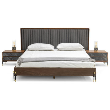 Metcalf Mid-Century Walnut and Gray Bed and 2 Nightstands, Eastern King