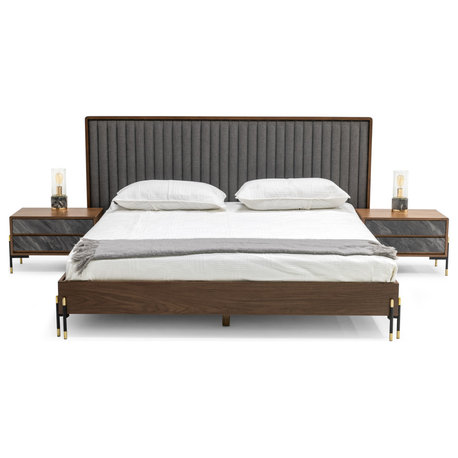 Metcalf Mid-Century Walnut and Gray Bed and 2 Nightstands, Eastern King