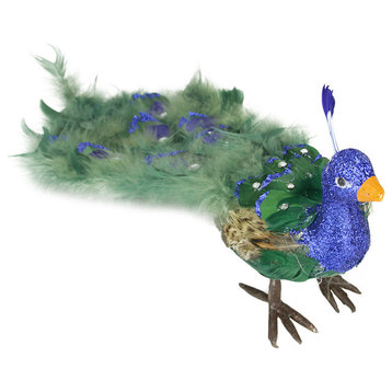 Colorful Regal Peacock Bird With Closed Tail Feathers Decoration, Green, 19"