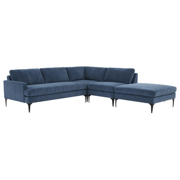 Serena Blue Velvet Large Right Arm Facing Chaise Sectional With Black Legs