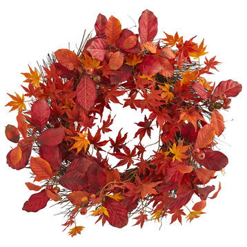 22" Japanese Maple, Magnolia Leaf and Berries Artificial Wreath