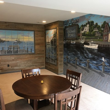 New England Harbor Town Mural, hand painted throughout a lower level