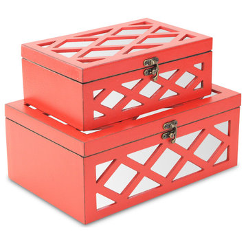 Red Wooden Mirrored Boxes - Set of 2