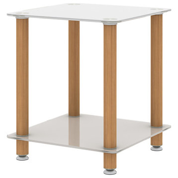 2-Piece White Oak Side Table With Storage Shelve, Low Shelf and Wheels