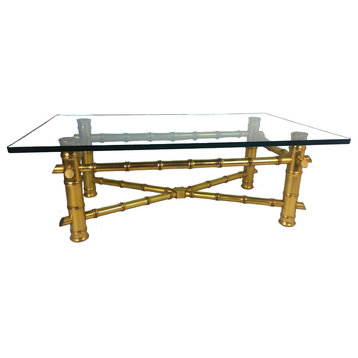 Consigned Gold Leaf Faux Bamboo Coffee Table With Thick Glass Top