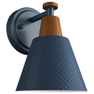 Industrial 1-Light Metal Finish and Wood Grain Wall Sconce, Blue