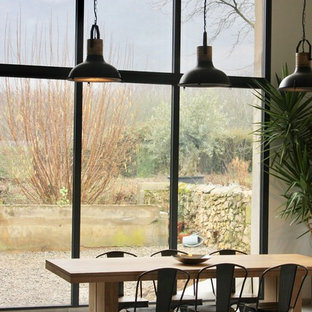 グルノーブルの広いインダストリアルスタイルのLDKの画像 (グレーの壁、セラミックタイルの床、薪ストーブ、グレーの床)