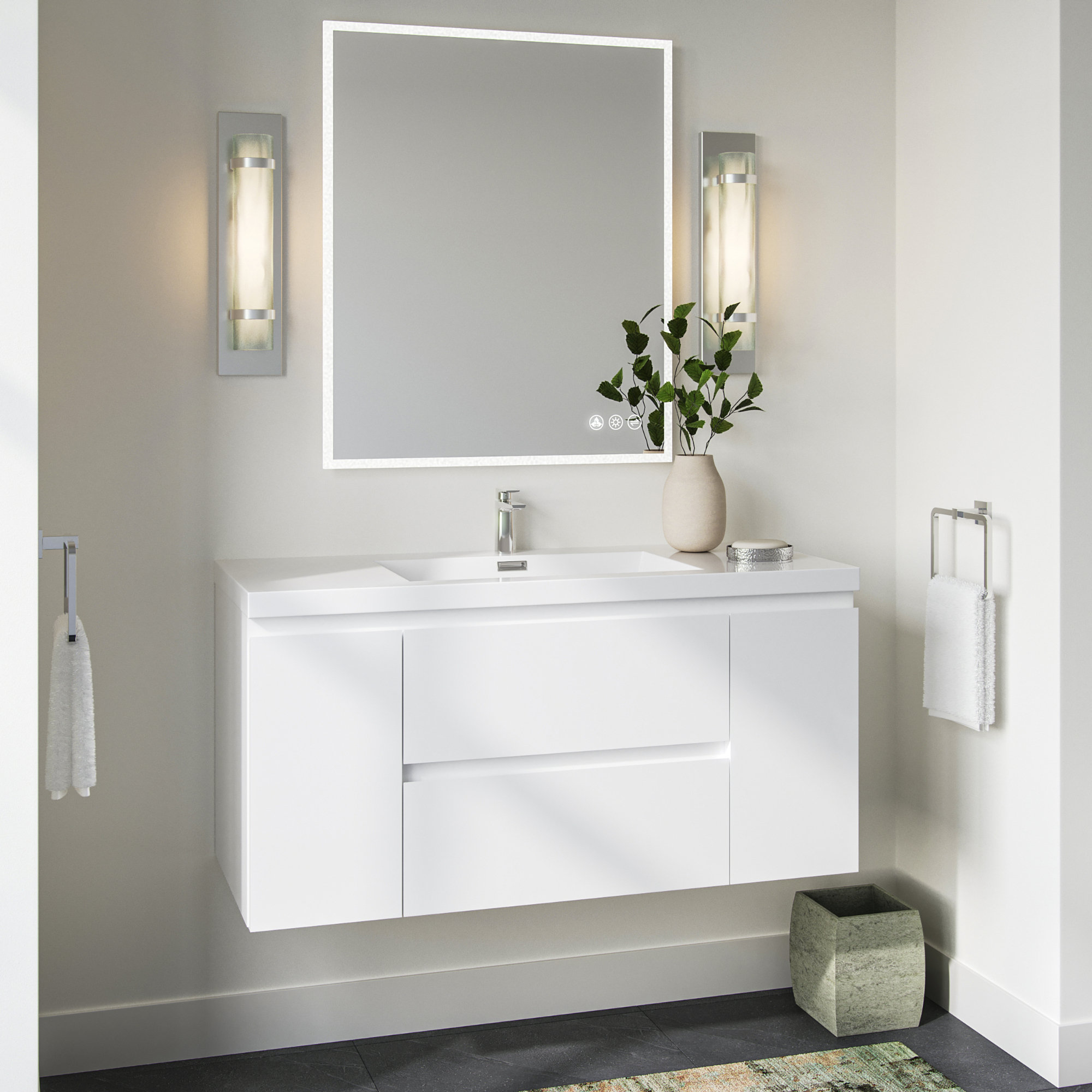 MOB Bath Vanity, High Gloss White, 48", Single Sink, Wall Mount