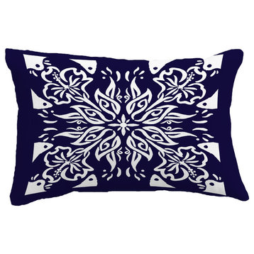 Cuban Tile 3 Geometric Print Throw Pillow With Linen Texture, Navy Blue, 14"x20"