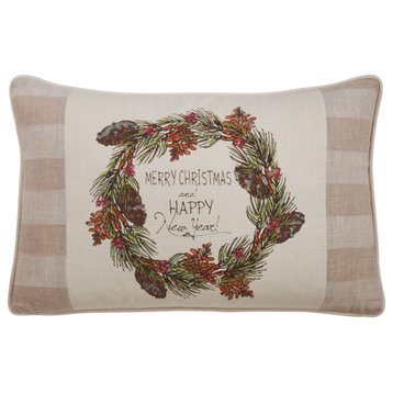 Poly Filled Throw Pillow With Merry Christmas & Happy New Year, 13"x20", Natural