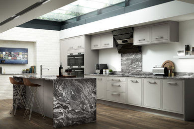 Design ideas for a modern kitchen in Other with grey cabinets, marble worktops, marble splashback and an island.