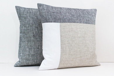 Color Block Pillow Cover Set in Dark Gray, Beige and White - Eco friendly linen