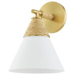 Mitzi - Mica 1-Light Wall Sconce, Aged Brass - A classic cone shape with coastal flair, Mica features a rattan-wrapped, textured white shade accented by beautiful Aged Brass for a casual yet sophisticated aesthetic. Add personality to a powder room with sconces, or highlight the heart of the home with a pair of pendants over your kitchen island. Part of our Megan Molten x Mitzi Tastemakers collection.
