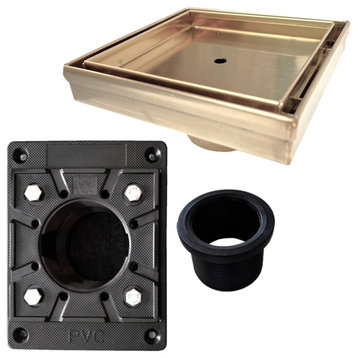 SereneDrains Kit Square Shower Drain with Base Stainless Steel Tile Insert 5", Satin Gold, Square Pvc