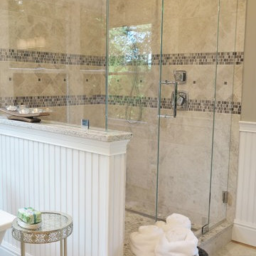 Transitional Striking Marble Master Bathroom in Avon