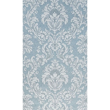 Blue white textured Victorian damask faux fabric Wallpaper, 8.5'' X 11'' Sample