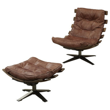 ACME Gandy 2-Piece Chair and Ottoman Set, Retro Brown Top Grain Leather