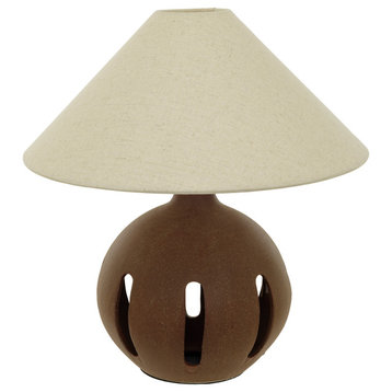 Ceramic Table Lamp With Linen Shade and Cut-Outs, Brown and Natural