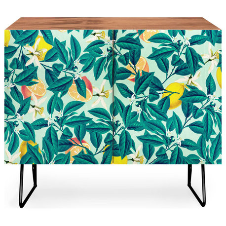 Deny Designs Lemon Pattern Credenza, Walnut, Black Steel legs