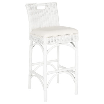 Coastal Bar Stool, Unique Design With Rattan Frame and Cushioned Seat, White
