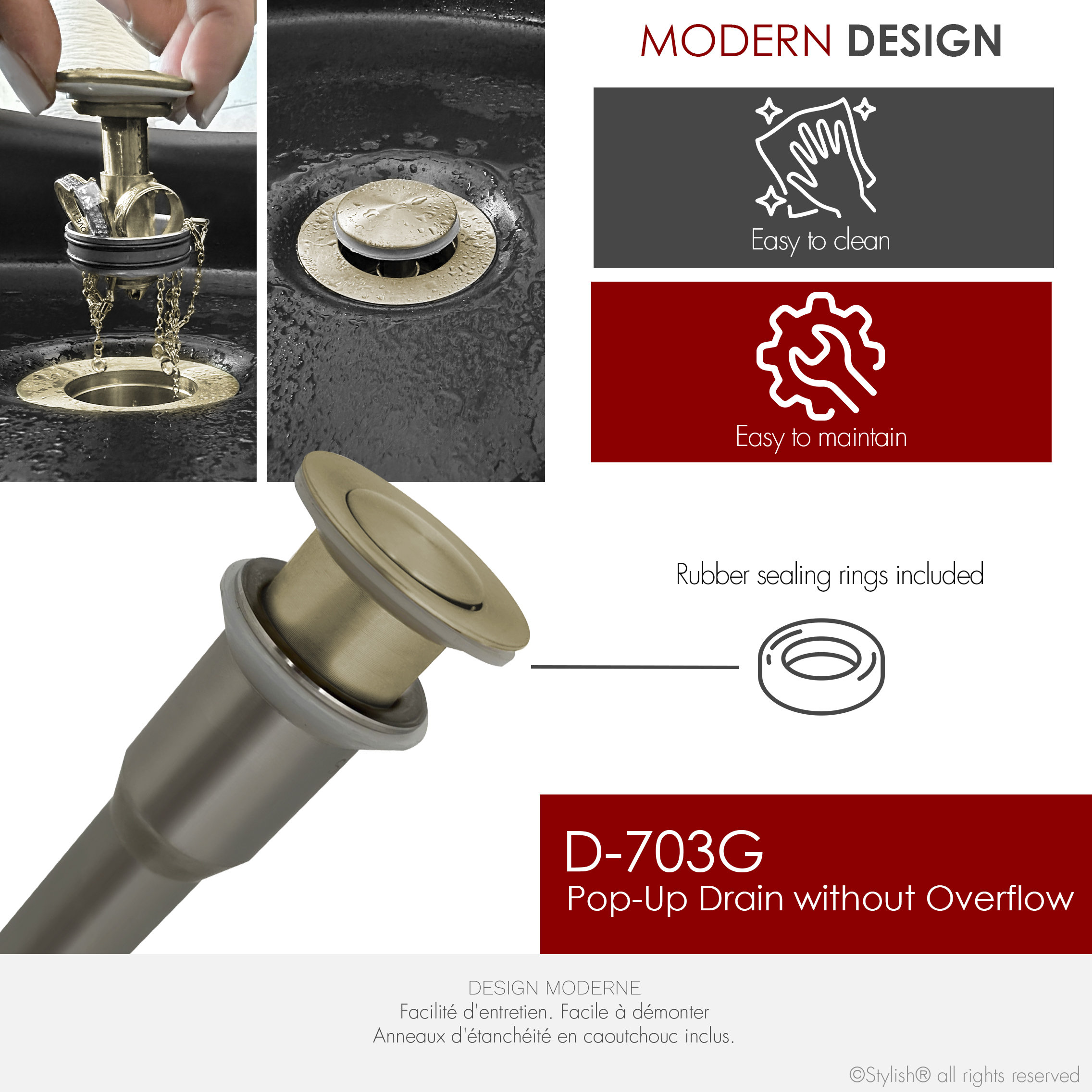 STYLISH Brushed Gold Standard Pop-Up Vessel Sink Drain with Overflow Set of 2