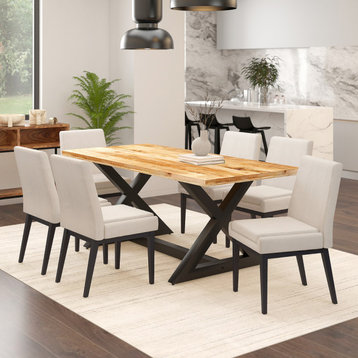 7-Piece Dining Set, Natural Table With Beige Chair
