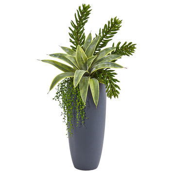 33" Sansevieria and Succulent Artificial Plant in Gray Planter