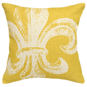 Fleur De Lis Printed Linen Pillow With Feather-Down Insert, Mustard