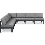 Meridian Furniture - Nizuc Water Resistant Patio L-Shaped Modular Sectional, Gray, 7-Piece: 6 Armless Chair, 1 Corner Chair, Dark Gray Aluminum Frame - Pick and choose your favorites from the Nizuc collection to create a modular seating group the whole gang will enjoy. The sturdy aluminum frame provides dependable support for friends and family as they relax and unwind, and the resilient grey water resistant fabric stands up to the elements without losing its beautiful demeanor, so you can count on it lasting for the long haul. Latches beneath these seating pieces help you easily attach them to one another for convenient setup.