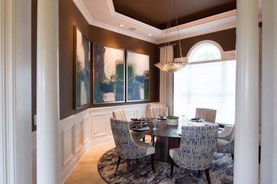Enclosed dining room - large modern ceramic tile and beige floor enclosed dining room idea in Boston with brown walls and no fireplace