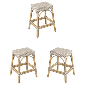 Home Square 24.5" Rattan Counter Stool in White and Tan Dot - Set of 3