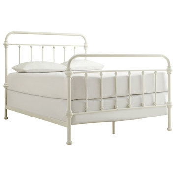 Solid Bed Frame, Spindle Accent Metal Construction, Antique White, Full