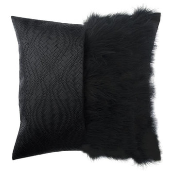 Black 24"x24" Pillow Cover Faux Leather Fur Textured Patchwork - Furry World